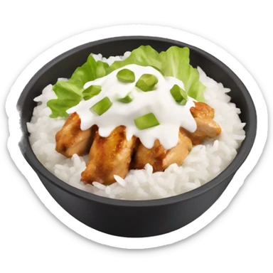 A chipotle bowl with chicken,white rice,lettuce,sour cream,and queso sticker