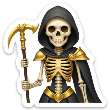 feminine skeleton grim reaper in a gold with scythe sticker