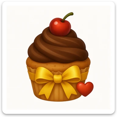 Add a gold ribbon and a tiny heart-shaped candy to the cupcake with brown (chocolate) frosting and a cherry on top in emoji style. sticker