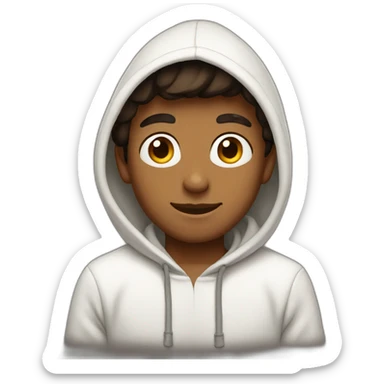 A beautiful, brown boy He wears a white hoodie with a hat sticker