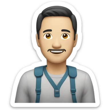 asian male early thirties short beard long hair happy expression sticker