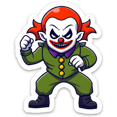 evil clown warrior, bald, small black satan-like horns on forehead, fangs, pointed ears, eye patch over one eye, black and military green leisure suit with bellbottom pants, realistically proportioned, less bulky, full body, battle-ready fighting posture sticker