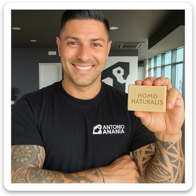 Create a realistic image of Antonio Anania, resembling the person in the reference photo, holding a soap called 'Homo Naturalis' with the soap's name clearly visible. The tone should be natural and positive. sticker