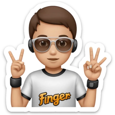 A kid wearing a jersey that says finger with earbuds in and sunglasses on sticker