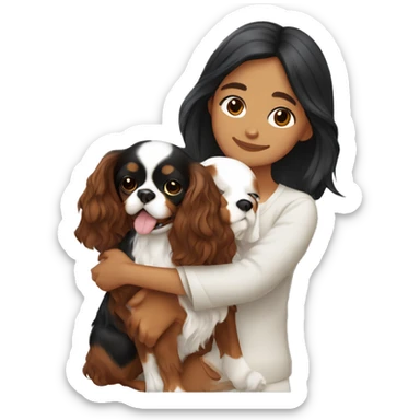 asian girl hugging black and brown cavalier king charles spaniel  sticker