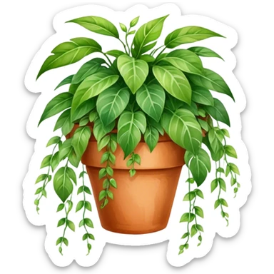 A vibrant hanging plant in a terracotta pot, painted in soft watercolor strokes with detailed leaves cascading down. sticker