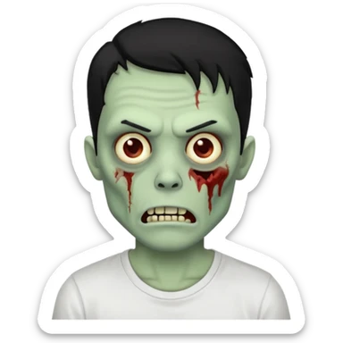 Rosto de frente classico de zombie boca meio torta cabelos pretos no corte low fade com pele verde clara camiseta branca sticker