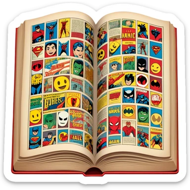 detailed and vintage-inspired emoji representing comic books and graphic novels as a storytelling art form. a large, open comic book with pages filled with classic American comic book panels. classic feel of old-school comic books a graphic novel. background transparent sticker
