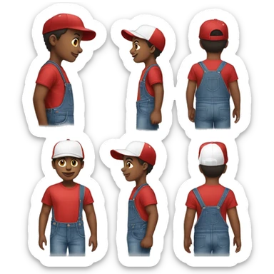 African American Boy

Clothing: Wearing a red t-shirt with denim overalls, white sneakers, and a baseball cap turned backward sticker