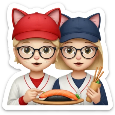 cute girl cat with glasses and a cute boy cat with a baseball cap eating sushi together sticker