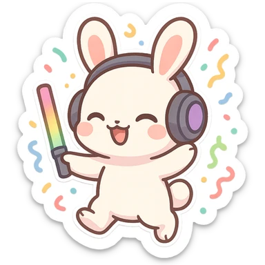 cute rave bunny wearing headphones, holding a glow wand, surrounded by confetti, festive mood sticker
