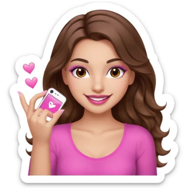 girl with long wavy brown hair, brown eyes, long lashes, sexy pink lips, light to medium complexion, wearing a pink sexy top, smiling, finger tips touching sticker