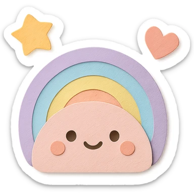 adorable pastel tiny rainbow, floating star and heart, no arms or legs, transparent background, full body, kawaii paper craft style sticker