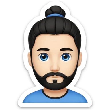 Man with a beard, blue eyes, and black hair tied in a bun sticker