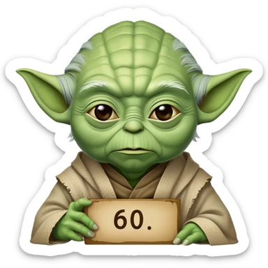 Yoda with a sin that says 60 years old sticker