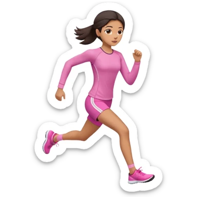 A girl in soft pink tight-fitting sportswear, a long-sleeved fitted top and shorts, is running. Her hair is dark and straight, neatly styled. sticker