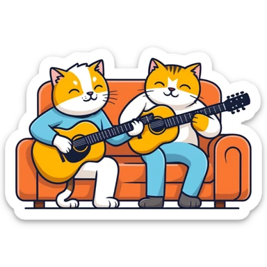  older blind man playing guitar  on the couch with his golden cat  sticker