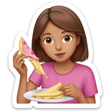 Girl with brown hair and pink shirt eating crepe sticker