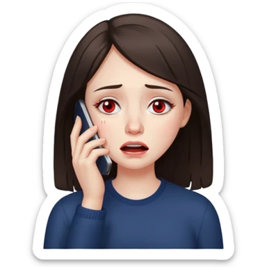 generate a brunette girl crying while taljking on a mobile phone sticker