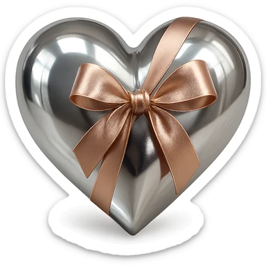 shiny silver heart with a rose gold ribbon tied in a bow, reflective, metallic, luxurious sticker