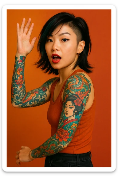 asian girl with sleeve tattoos, modern hairstyle, expressive pose sticker