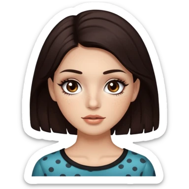 too dark brown 3b hair with dark brown eyes and too long lashes and some make up with freckle and light brown skin sticker