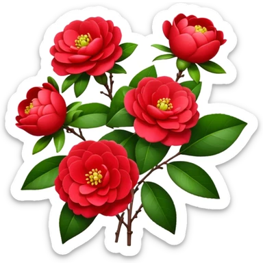 bouquet Red Camellia, luxuriant, stem, leaf, bud sticker