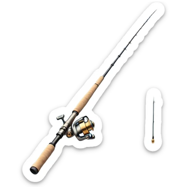 Cinematic Realistic Fishing Rod, sleek graphite rod with a smooth, polished reel, thin line disappearing into a shimmering lake, warm golden sunlight reflecting off the water, glowing with a tranquil and adventurous aura. sticker