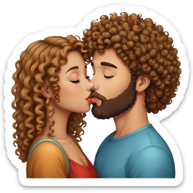 Curly haired girl kissing straight hair man with beard, romantic couple kiss sticker