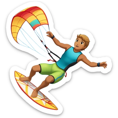 A kite surfer soaring above the waves, holding onto a kite with the wind in full force. The background showcases the ocean and sky, emphasizing the freedom, thrill, and energy of the sport. The motion of the kite and board is dynamic, capturing the excitement of kiting. sticker