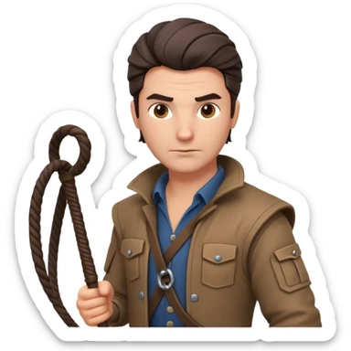 man with a whip portrait, head and shoulders only, whip coiled on shoulder, rugged outfit, confident look, 3D cartoon, mobile game icon style, clean background, no text, no watermark
 sticker