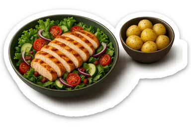 insalate con petto di pollo grigliato e bowl di patate cotte poggiate per terra, iperrealistico 4k sticker