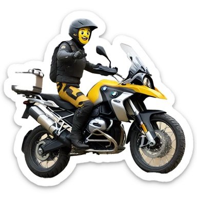 man waving while driving a yellow bmw f750gs on gravel road sticker