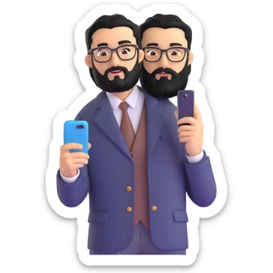 standing pose of professional man with medium black beard, black hair styled and combed to one side, connected unibrow, olive tan skin, brown eyes, glasses, prominent nose, dressed in formal black jacket, with mobile phone sticker