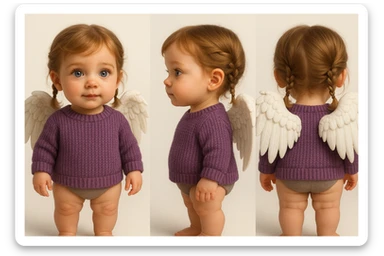 3D realistic game concept art of a cute baby girl, golden brown hair in little braids, charming blue eyes, wearing a cute purple knit sweater, with angel wings on her back, three-view lineup (front, side, back), clean background, high-end, creative, minimalist sticker