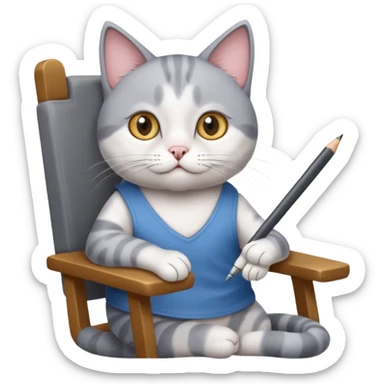 grau weiße Katze sitzt auf einem Sessel mit Stift und Block in der Hand sticker