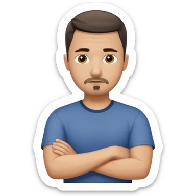 White man with short dark taper fade hair cut and slight goatee and neutral expression with his arms folded sticker