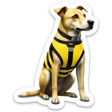 Yellow and black striped caution dog covered in caution tape and holographic harness graffiti sticker