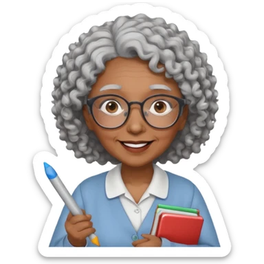 old woman teacher, brown skin, curly grey white hai, wearing glasses, hold chalk on hand sticker