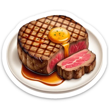 Cinematic thick-cut scotch fillet steak, perfectly seared with grill marks, a grilled center, rich and savory, warm glow, sizzling and mouthwatering, highly detailed and appetizing. sticker
