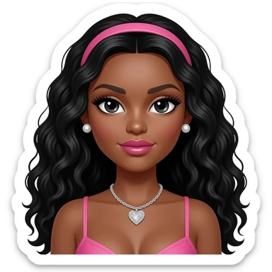Pink bimbo lips, black doll eyes, dark brown skin, Long giant lashes,Doll faced shaped, silver Swarovski heart necklace, big Pearl earrings studs, bimbo, black doll eyes, barbie, darker brown skin with long curly black hair,, big breast no bra sticker