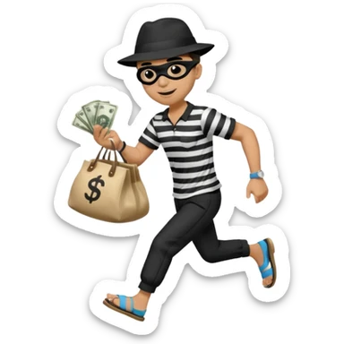 Make a man wear a black pant and he shirt is balck line and white line and wear a black hat and he holding a money bag and he running he wear a black eye thing no money in the Left hand and he yellow and the money bag in the right he wear a flip flop like this is Money bag 💰 sticker