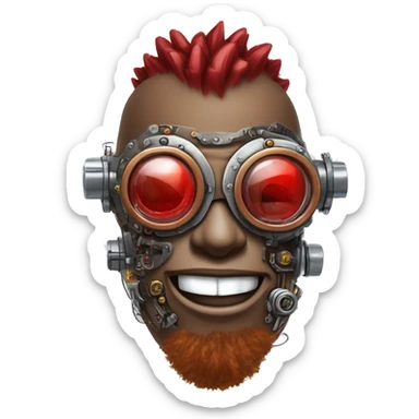 Brown cyborg head with red Mohawk, red beard, silver steampunk monocle goggles a smile and circuits sticker