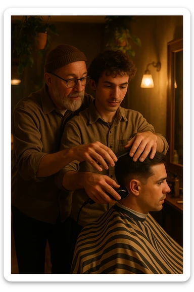 Inside a cozy barbershop with soft lighting, an experienced barber gently teaches his apprentice, guiding his hands as they cut hair together. The room is filled with warmth, plants hanging from the ceiling, and the hum of clippers sticker