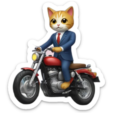 A cute cat, dressed in a suit, riding a motorcycle, the bird mountain bright style sticker