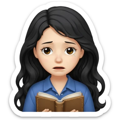 Long Hair Women with Book, Black wavy hair, crying

 sticker