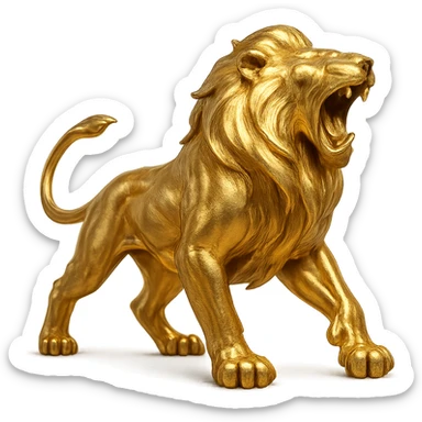 a gold lion roaring, stylized and dynamic, with shimmering fur sticker