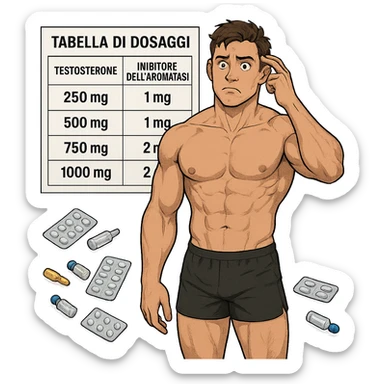 muscular young man in front of dosage table with testosterone and aromatase inhibitor, all text in Italian, confused look, scattered vials and blister packs, white background, 4K quality sticker