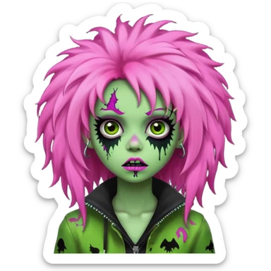girl, green zombie,pink afro, long, emo, shaggy, dark, spooky,creepy expression sticker