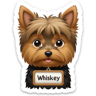 A Yorkie dog with a name tag that says "whiskey" sticker